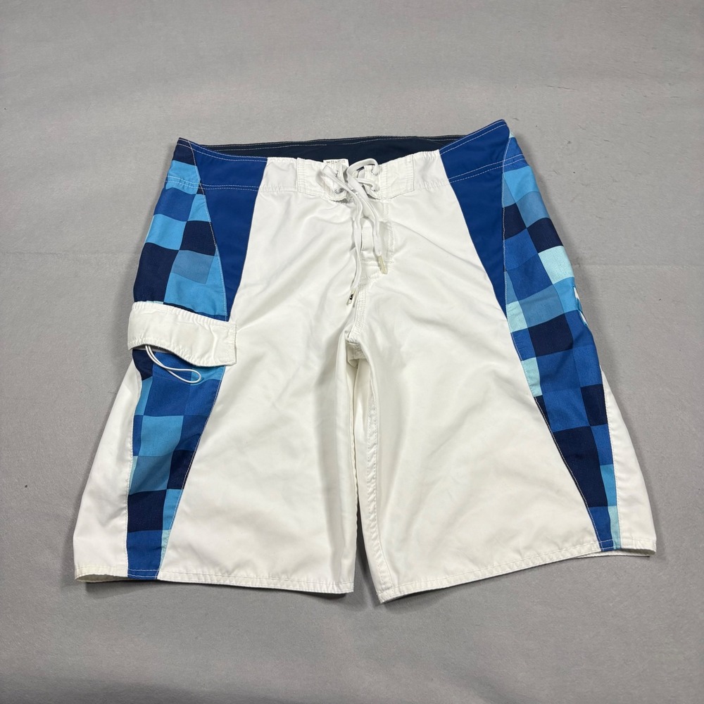 Quiksilver Mens Board Shorts White Blue Checkered Cargo Swim Trunks Size 33